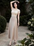  Chân váy lụa dài màu Nâu Champagne 