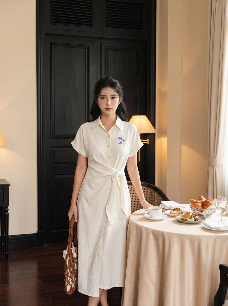 Đầm trắng kem Hawai cổ sơ mi nơ vắt lệch