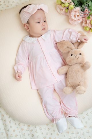  Set bộ dài tay cúc thằng kèm băng đô La Pomme phối ren điệu đà 