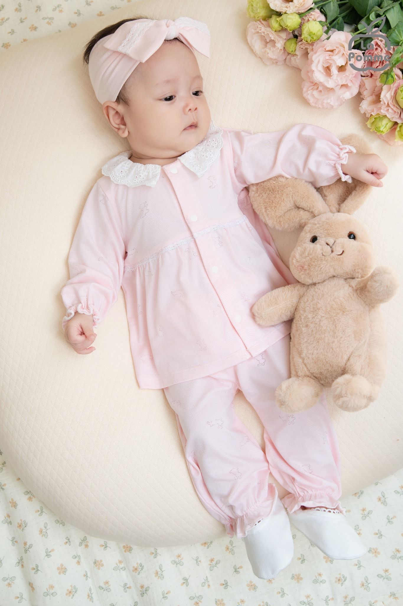  Set bộ dài tay cúc thằng kèm băng đô La Pomme phối ren điệu đà 