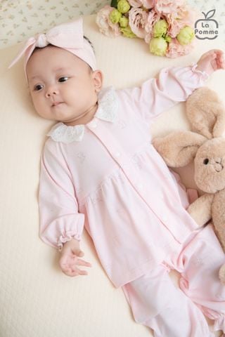  Set bộ dài tay cúc thằng kèm băng đô La Pomme phối ren điệu đà 