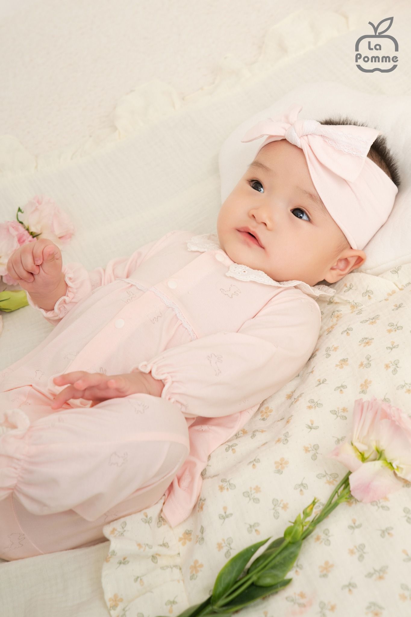  Set bộ dài tay cúc thằng kèm băng đô La Pomme phối ren điệu đà 