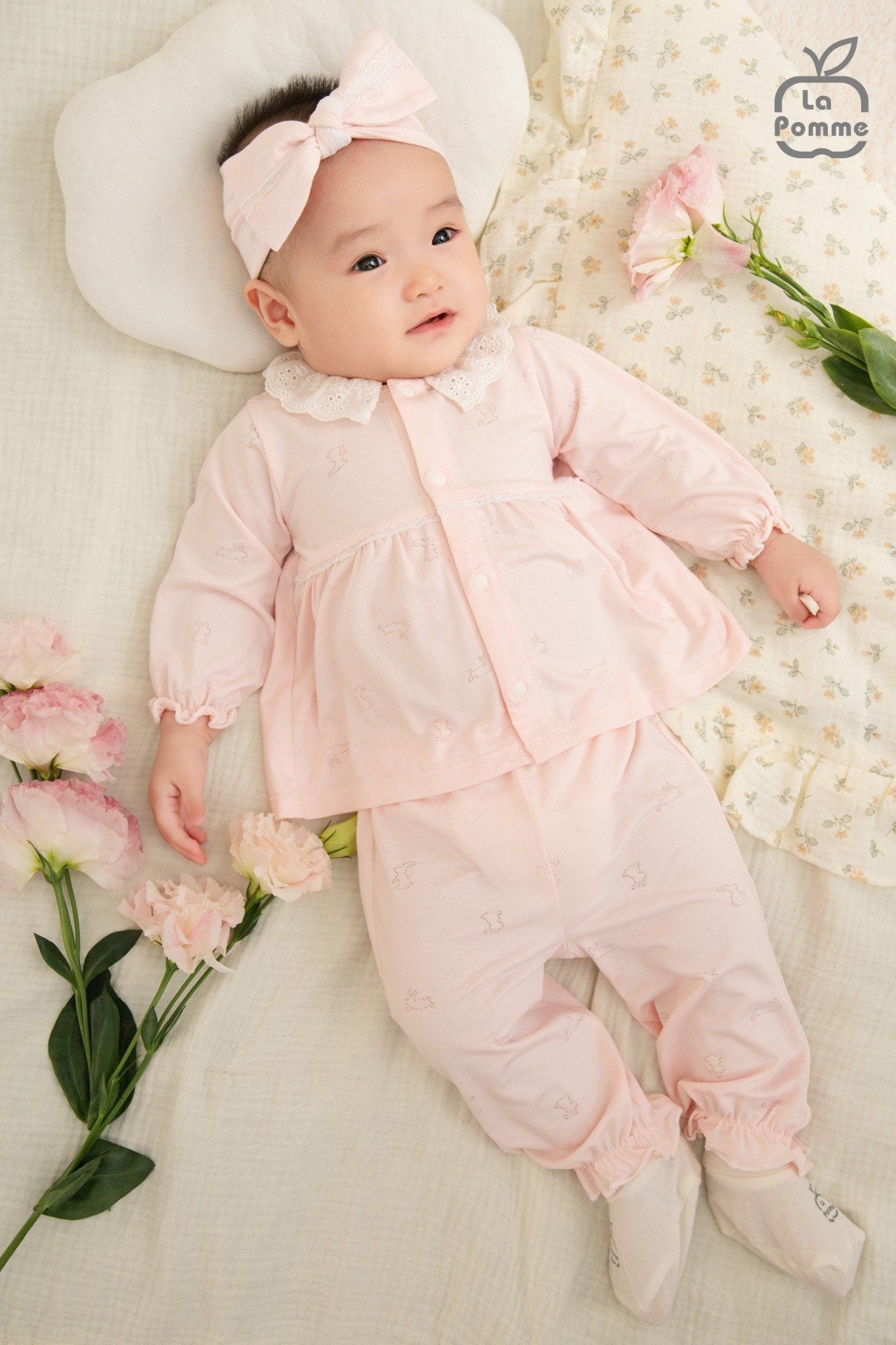  Set bộ dài tay cúc thằng kèm băng đô La Pomme phối ren điệu đà 