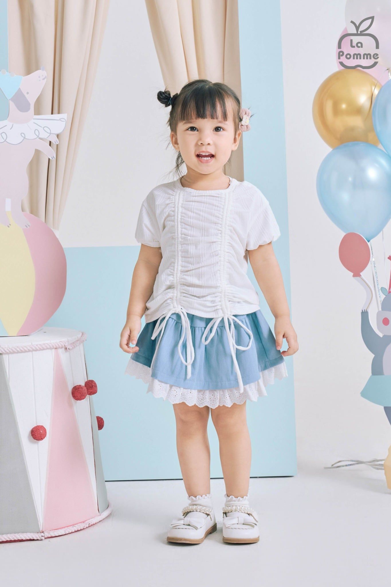  Bộ váy áo cộc tay La Pomme bèo nhún bồng bềnh 