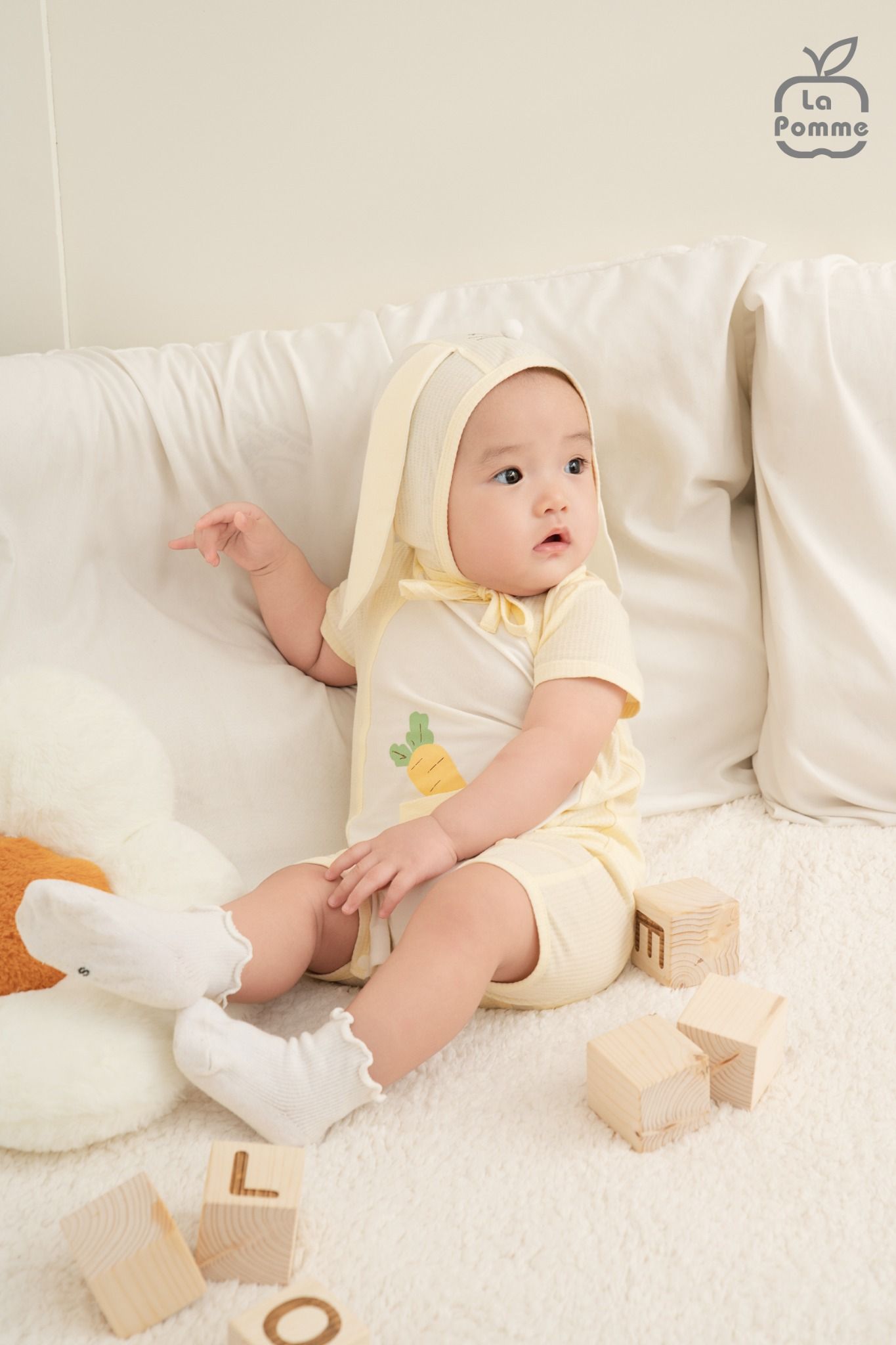  Set body cộc tay La Pomme kèm mũ thỏ con ngộ nghĩnh 
