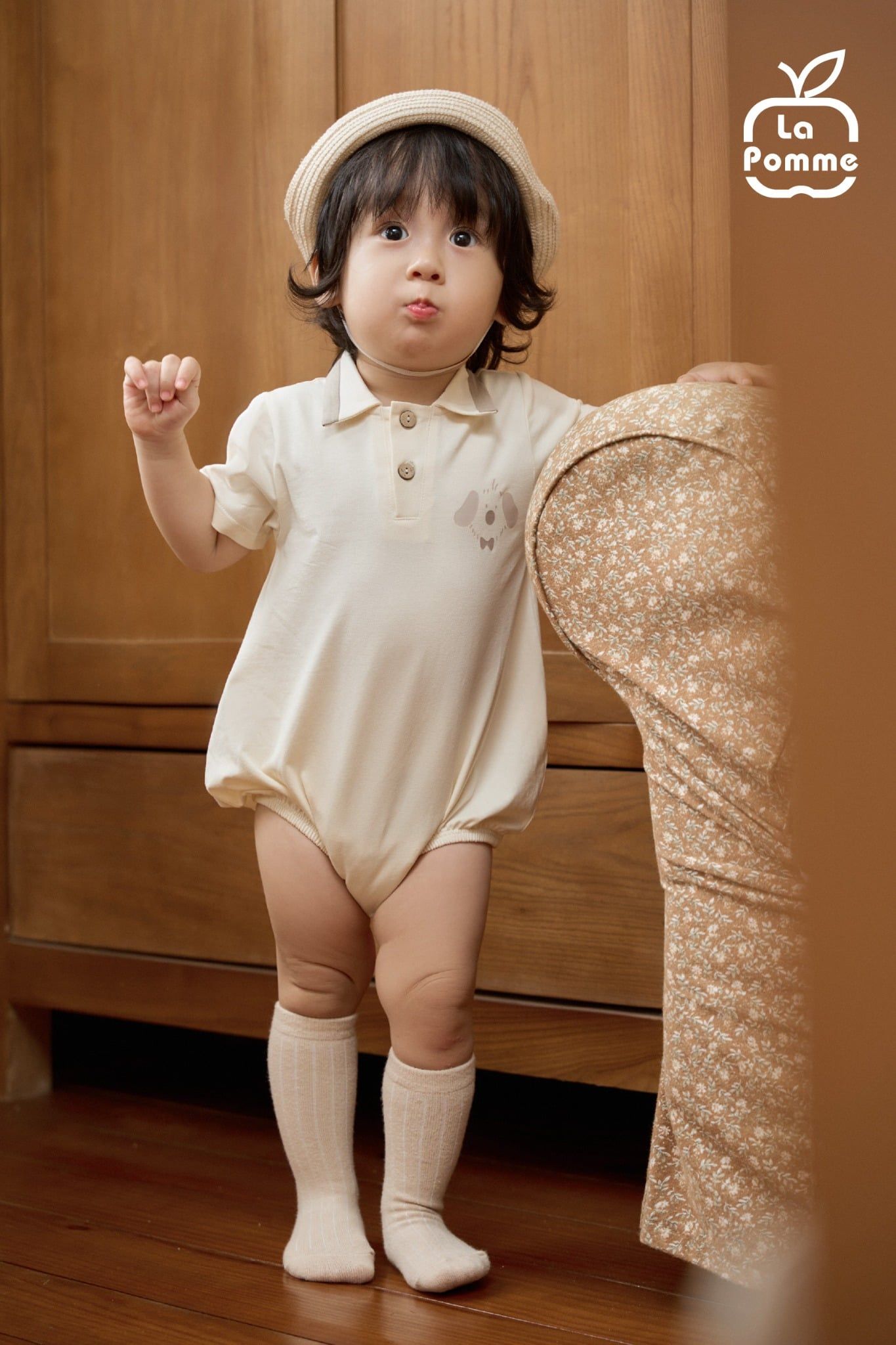  Body cộc tay La Pomme cổ polo cún nâu thanh lịch 