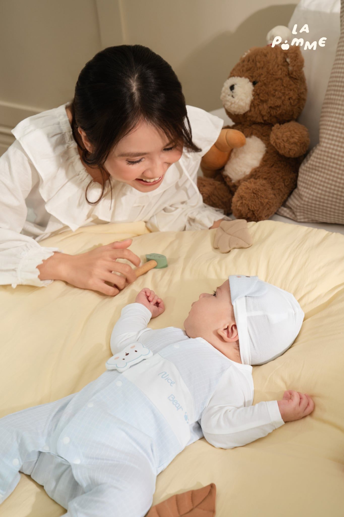  Body dài tay La Pomme gấu nhỏ yêu màu xanh 