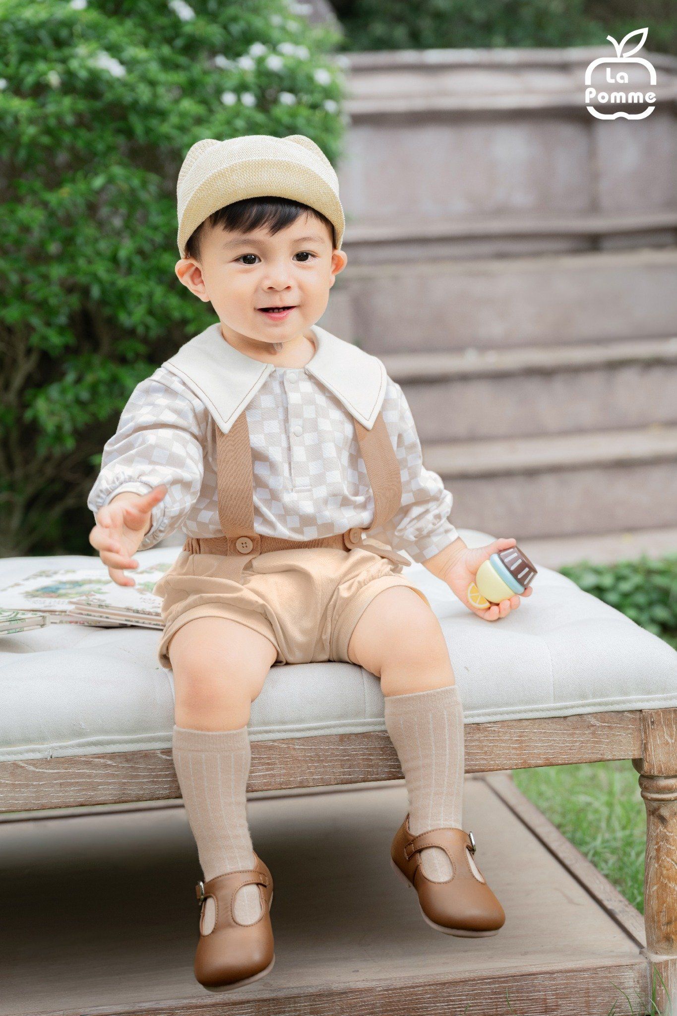  Set yếm và áo La Pomme họa tiết caro vintage 