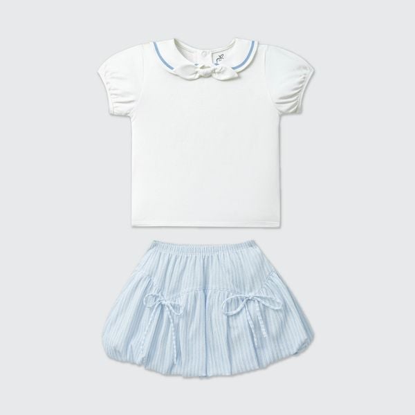  Bộ váy áo cộc tay La Pomme phối nơ tiểu thư thanh lịch 