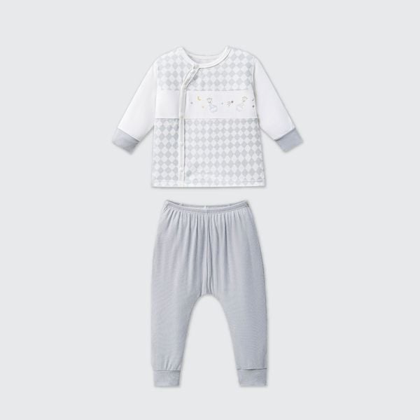  Bộ dài tay cúc lệch La Pomme phối họa tiết caro 