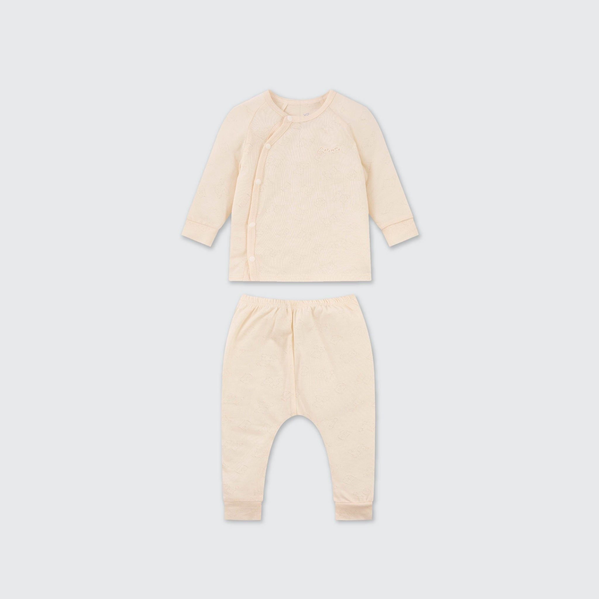  Bộ dài tay cúc lệch La Pomme dệt vân chìm gấu nhỏ 