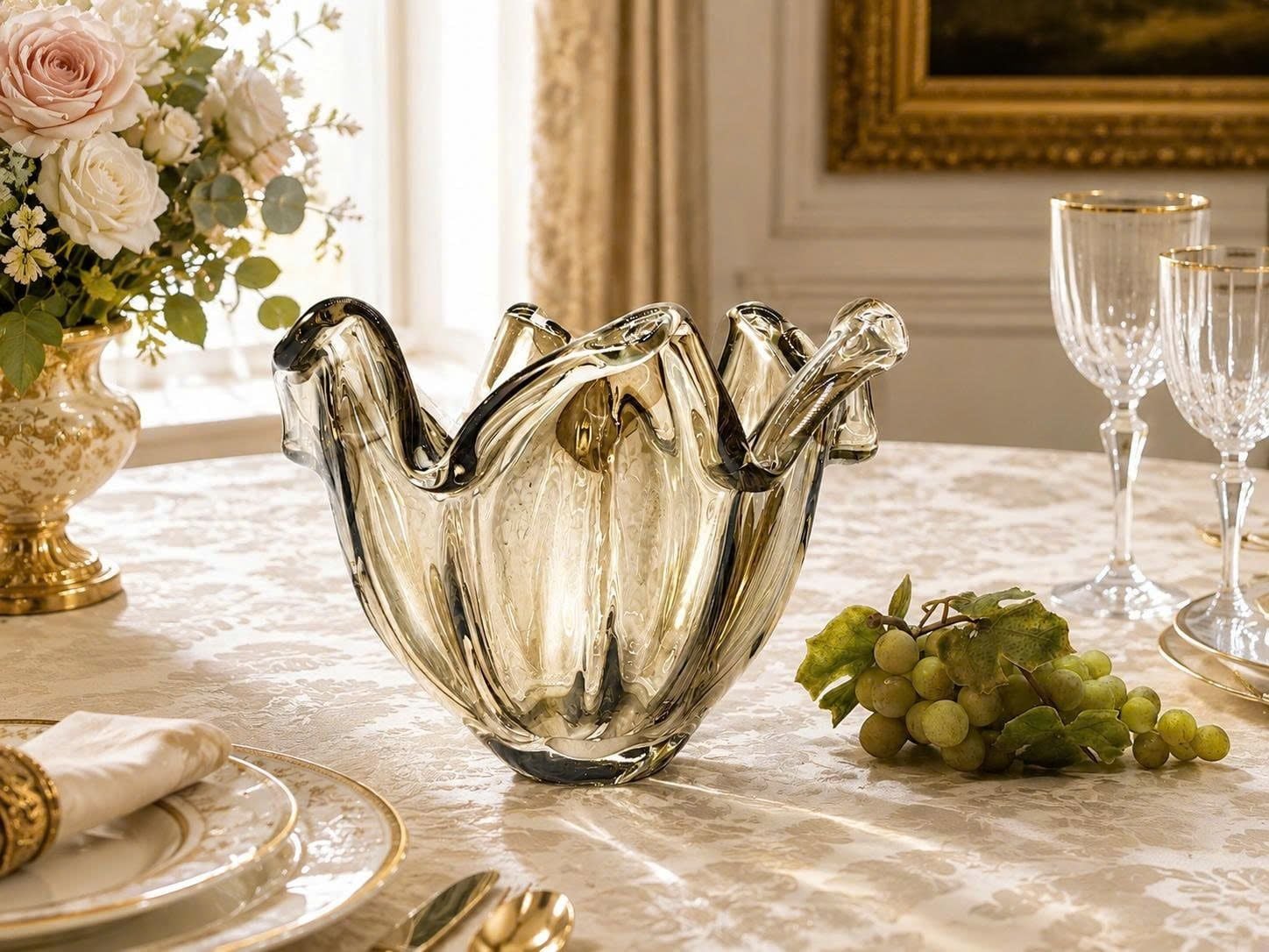 Bình hoa thủy tinh Murano trắng thủ công Ý màu xám khói