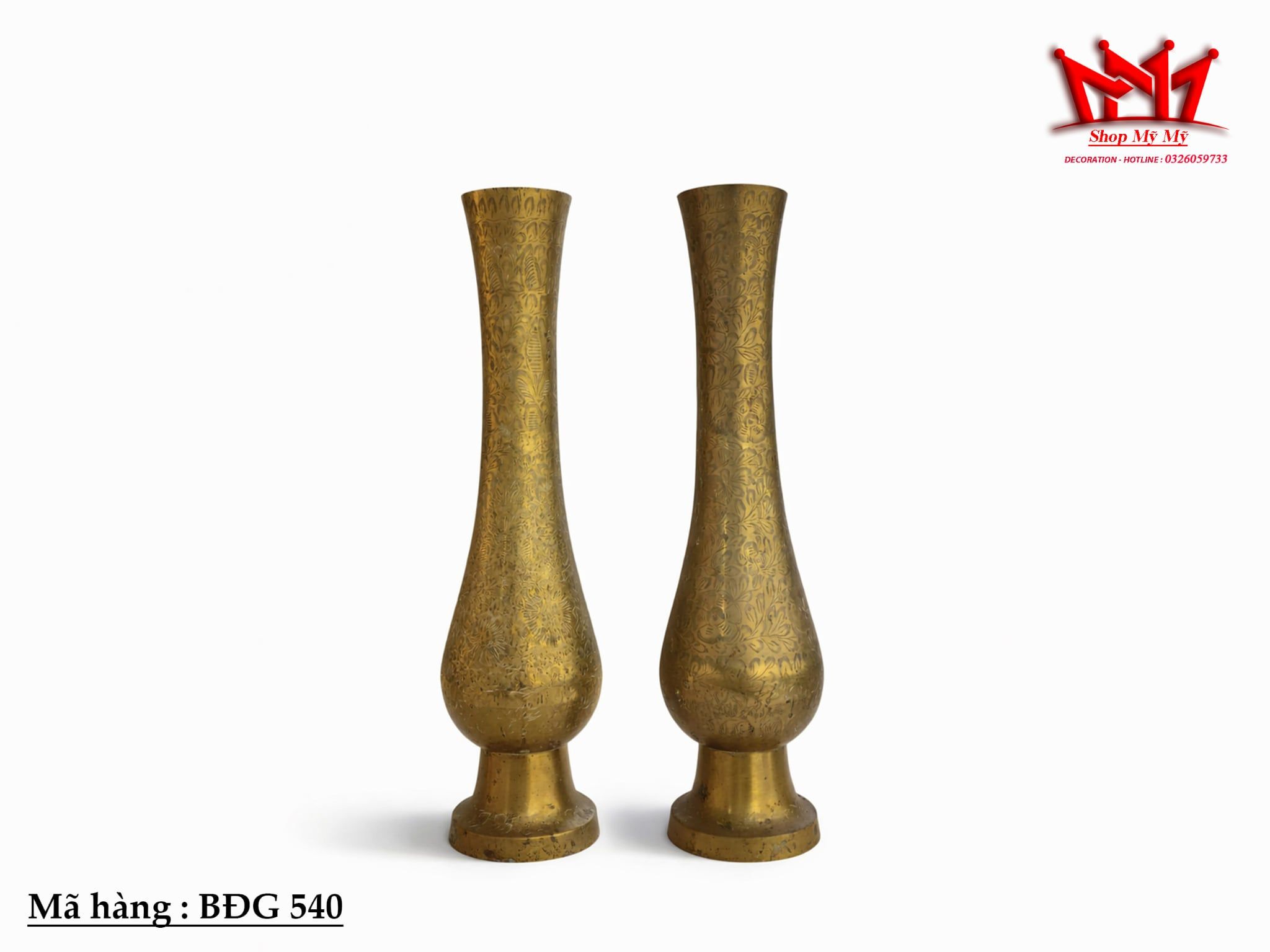 Cặp Bình Hoa Bằng Đồng Khắc Kín Hoa Văn Cao 51cm (Xuất Xứ Ấn Độ) - Mã BĐG 540