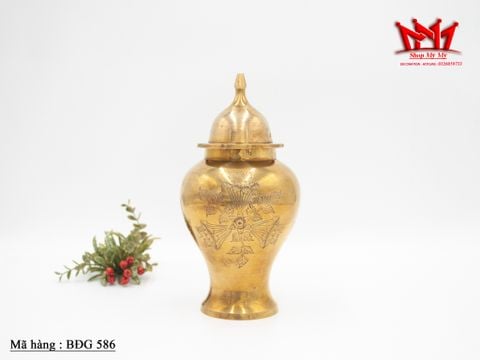  Bình Đồng Cổ Điển Có Nắp Khắc Hoa Văn Mỹ Nghệ Cao 23cm - Mã BHĐG 586 