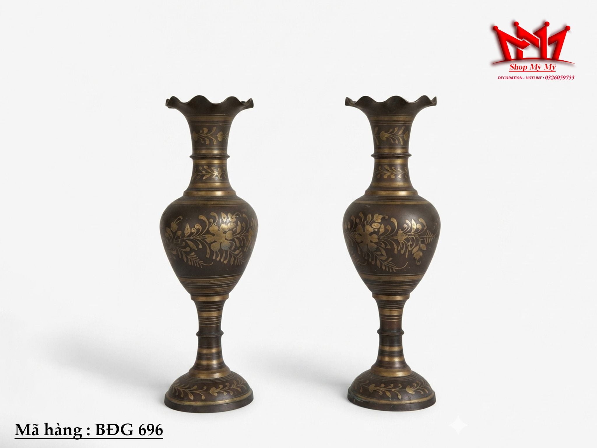 Cặp Bình Hoa Bằng Đồng Chạm Khắc Hoa Văn Cao 52cm (Xuất Xứ Ấn Độ) - Mã BĐG 696
