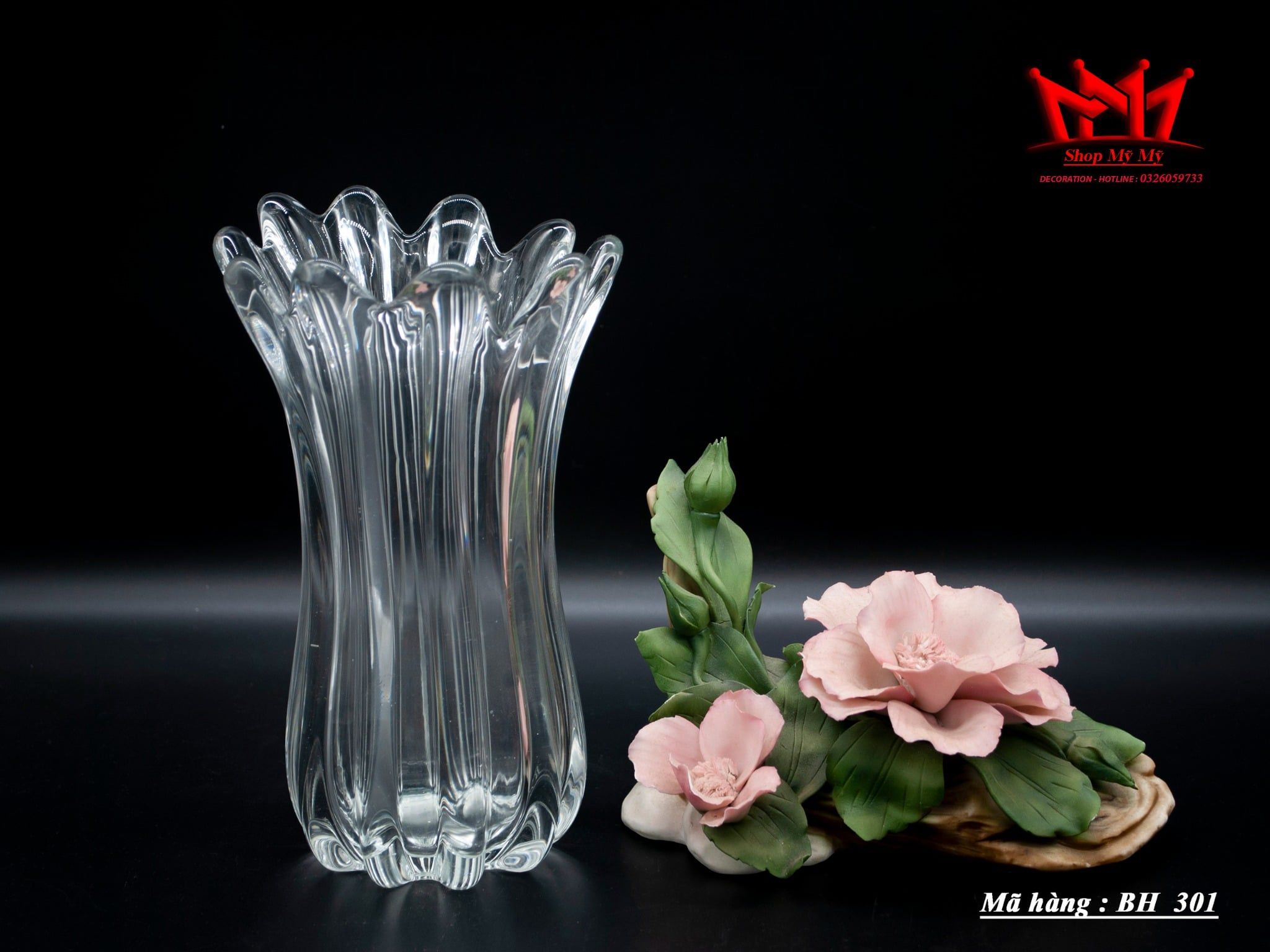 BÌNH HOA PHA LÊ DÁNG KHẾ MIỆNG LƯỢN SÓNG (BH 301)