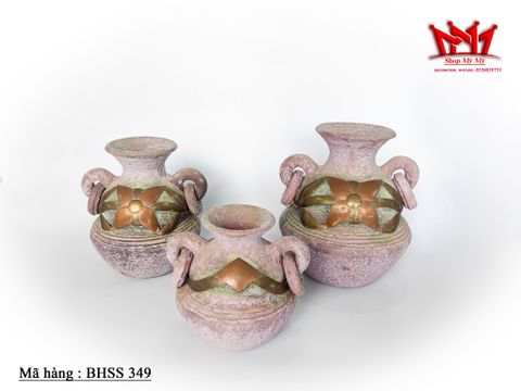  Bộ 3 bình gốm đất sét Mexico thủ công cổ điển hiếm có. Có khảm đồng thau. 