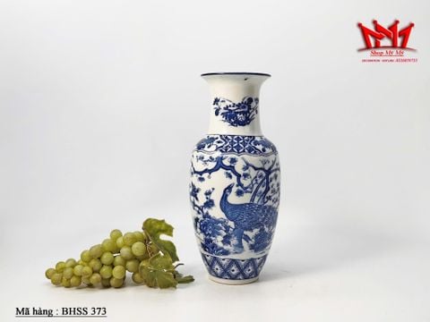  bình hoa sứ men xanh trắng hoạ tiết hình cành hoa và con công 