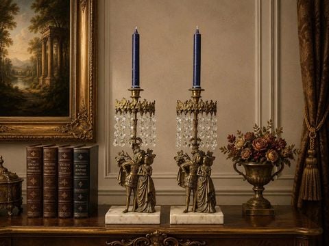  Cặp chân đèn nến bằng đồng đế đá với hạt pha lê cổ điển được sưu tầm Châu Âu. 