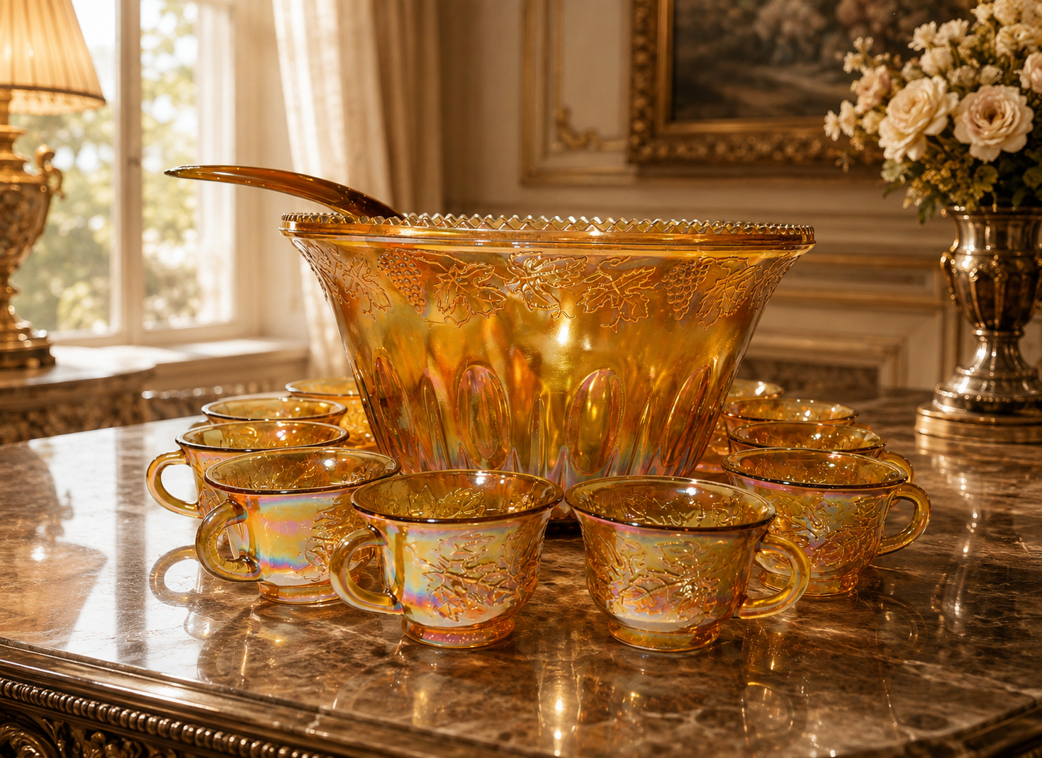 Indiana Carnival Glass Marigold óng ánh Punch bowl Bộ hoàn chỉnh 12 cốc có họa tiết nho