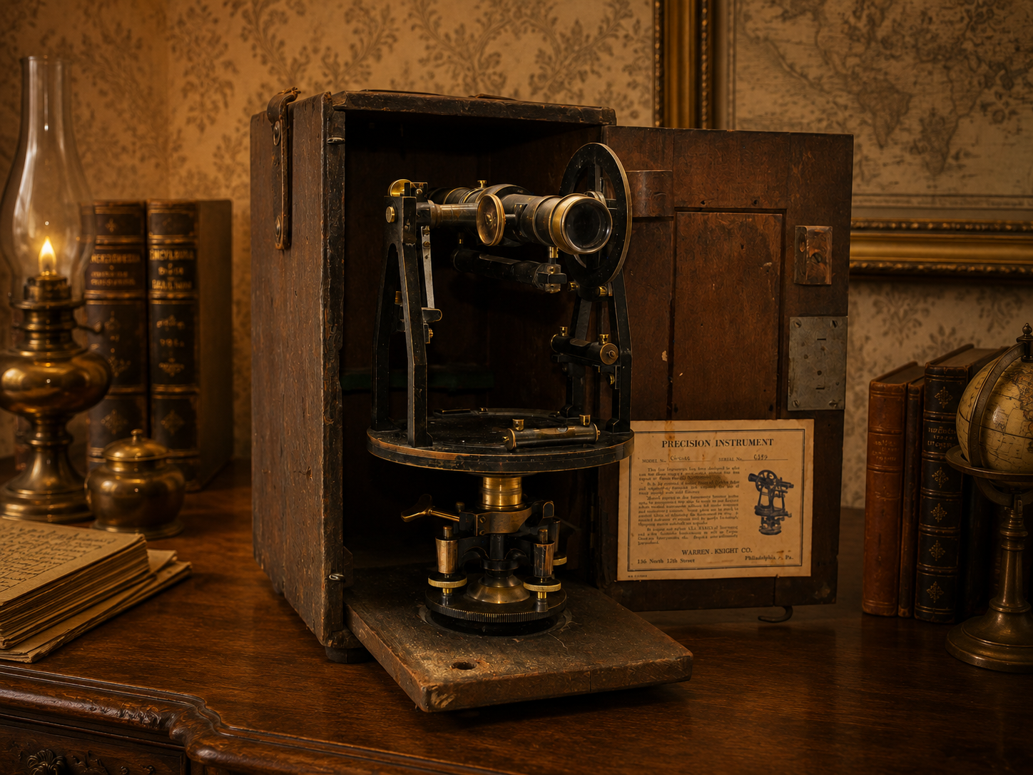 Máy kinh vĩ (Transit Theodolite) cổ, dùng để đo góc ngang, góc đứng trong công tác trắc địa
