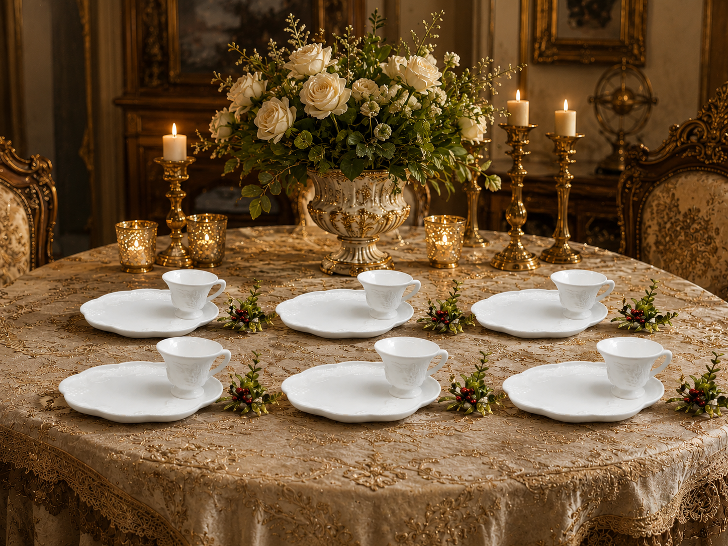 Bộ 6 tách và đĩa ăn Indiana Milk Glass Colonial Grape Harvest Snack Luncheon.