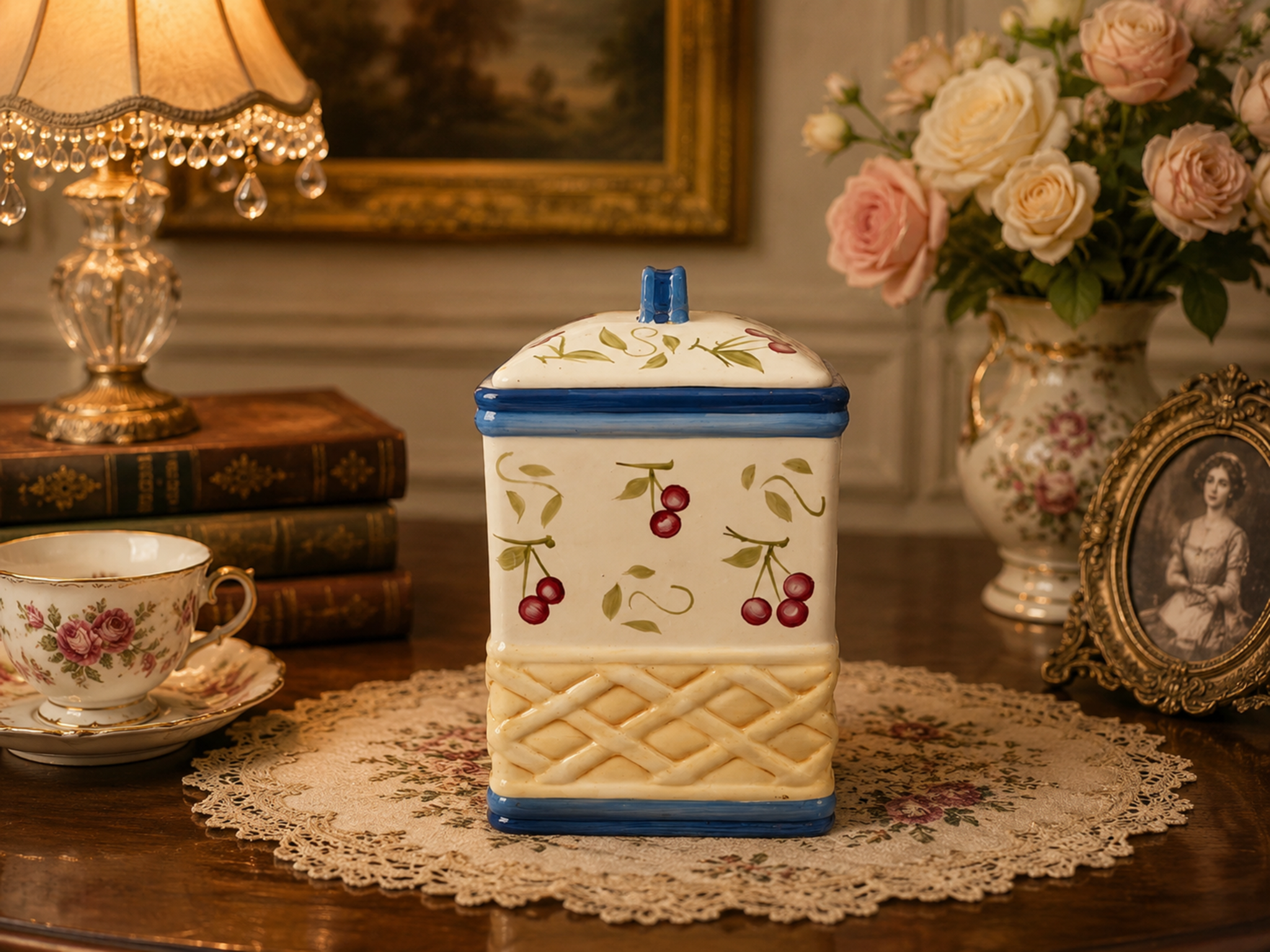 Hũ đựng bánh quy bằng gốm sứ vẽ tay họa tiết quả anh đào Vintage Inspirado.