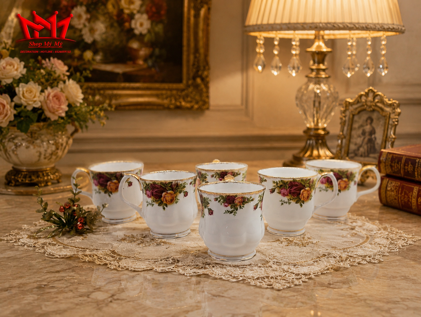 Bộ 7 cốc sứ xương Anh Quốc hình hoa hồng cổ thương hiệu Royal Albert.