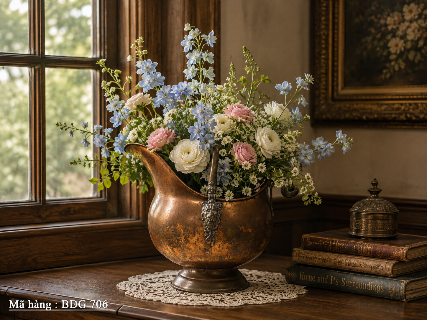 Xô đựng tro than bằng đồng cổ điển có tay cầm bằng sứ Delft Blue của Ireland