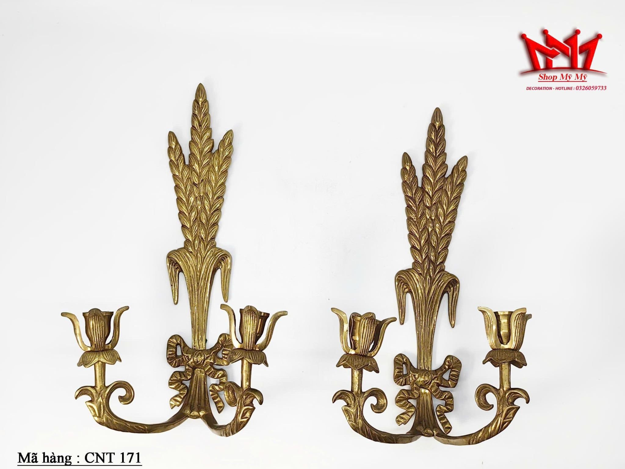 Cặp chân nến treo tường bằng đồng họa tiết bông lúa CNT 171