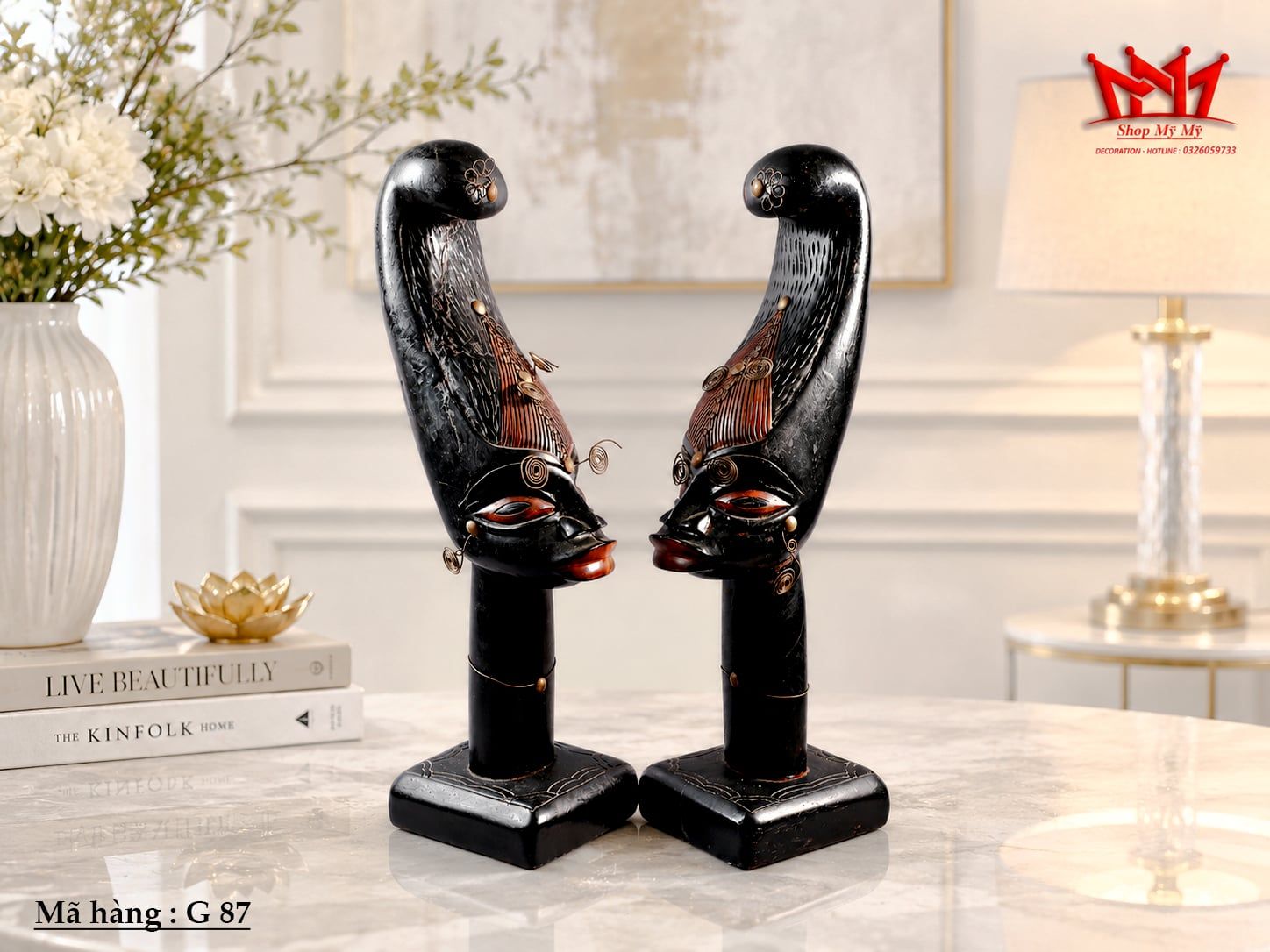CẶP TƯỢNG ĐIÊU KHẮC GỖ CÔ GÁI CHÂU PHI CAO CẤP