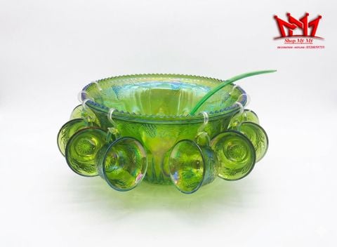  Bộ thố thủy tinh xanh óng ánh cổ điển kèm móc và 12 cốc họa tiết lá nho 