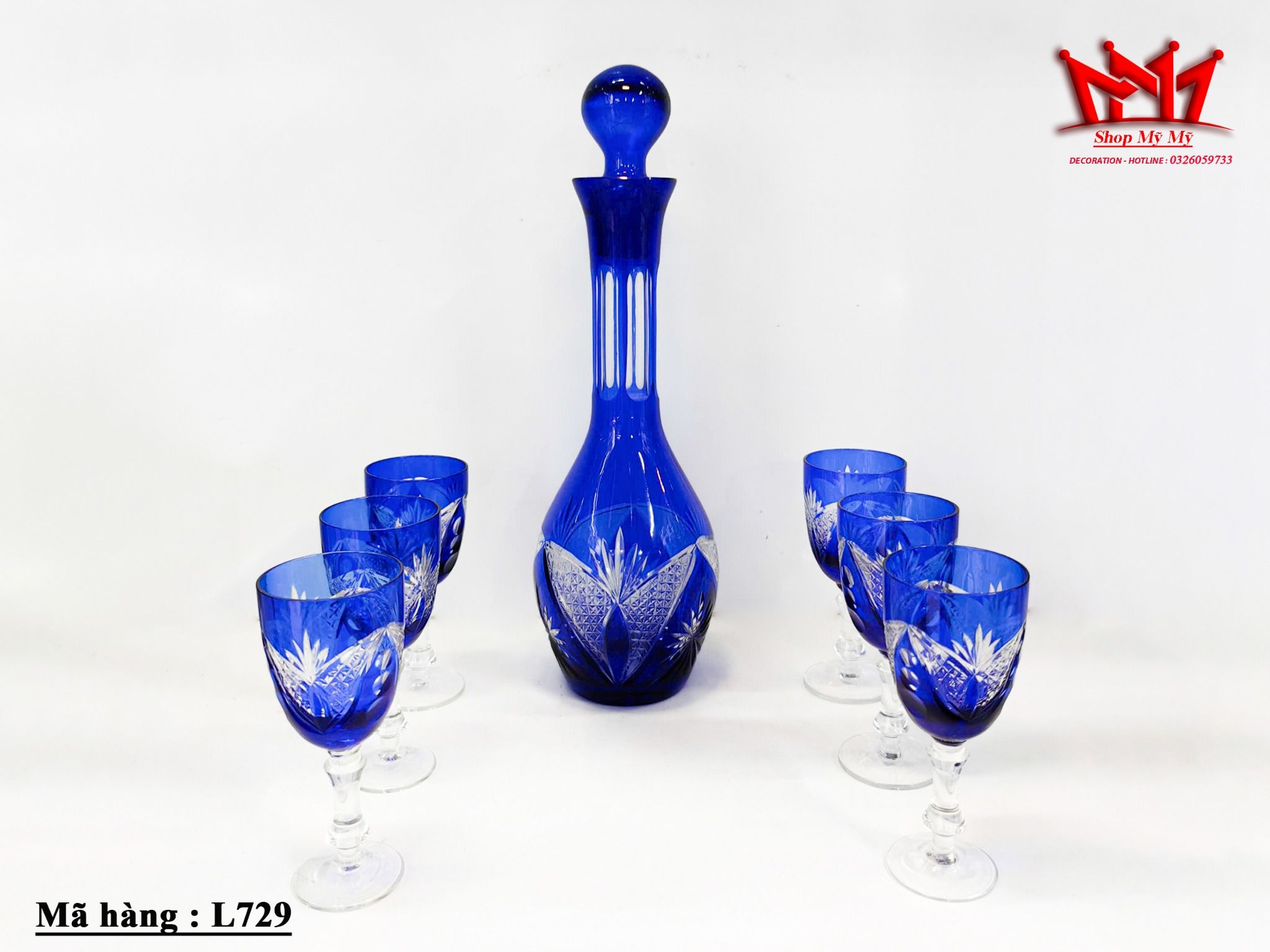 Bộ bình đựng rượu Bohemian xanh Cobalt