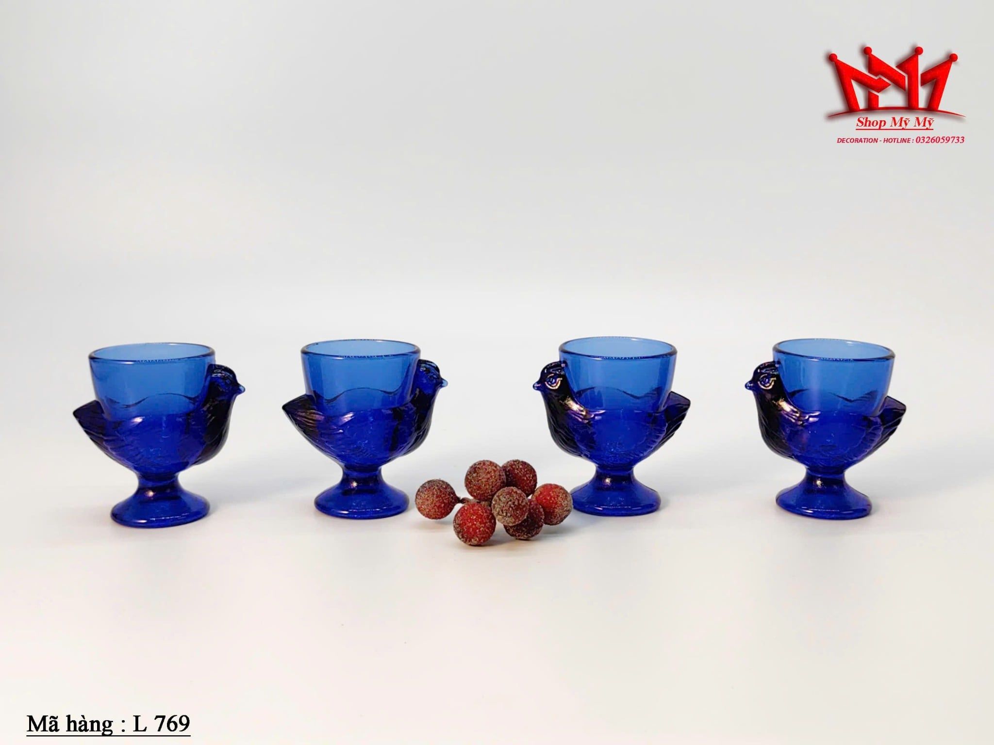 Bộ 4 ly thủy tinh xanh hình chim nghệ thuật (L 769)