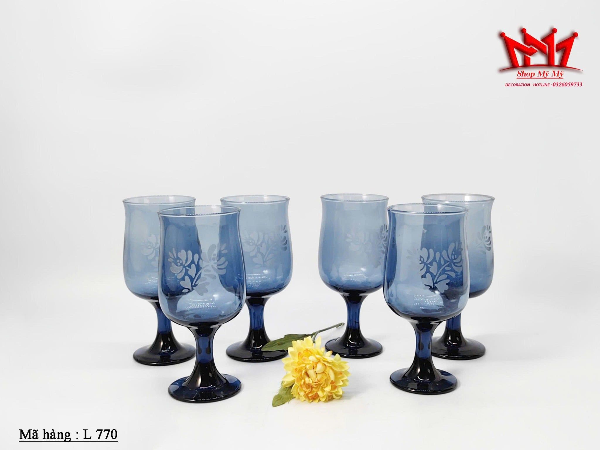 Bộ 6 ly thủy tinh xanh họa tiết hoa văn (L 770)