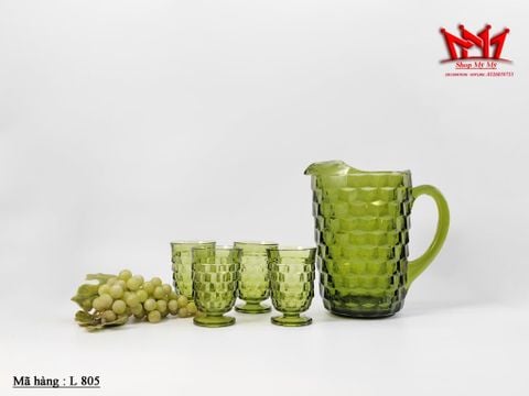  Bộ bình và 4 ly thủy tinh xanh hoa văn tổ ong (L 805) 