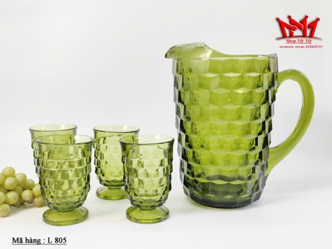  Bộ bình và 4 ly thủy tinh xanh hoa văn tổ ong (L 805) 