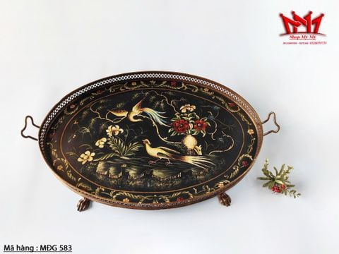  Khay cổ điển bằng kim loại vẽ bằng tay cặp đôi chim phụng , khay có 4 chân. 