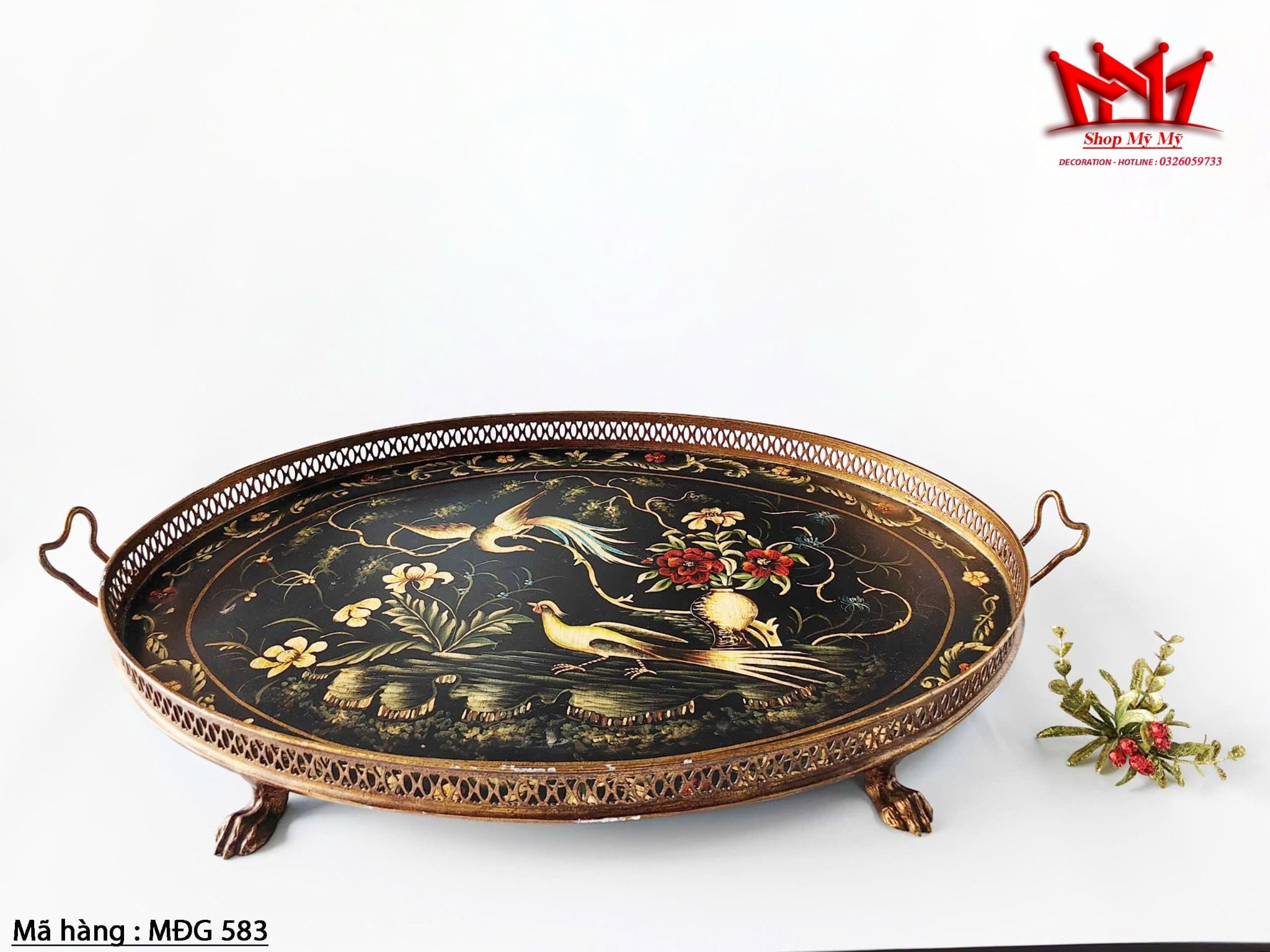 Khay cổ điển bằng kim loại vẽ bằng tay cặp đôi chim phụng , khay có 4 chân.