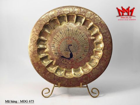  Đĩa đồng trang trí treo tường họa tiết chim công đường kính 37cm 