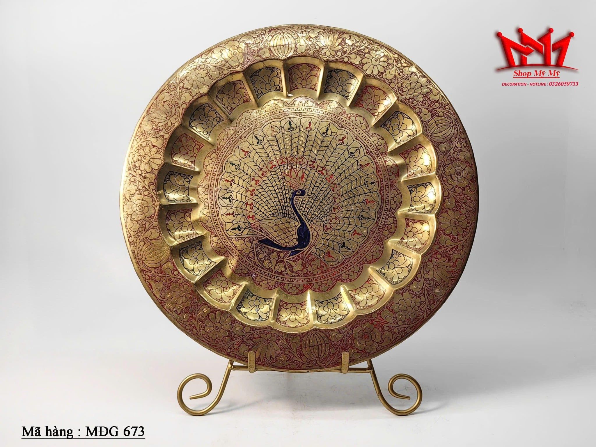 Đĩa đồng trang trí treo tường họa tiết chim công đường kính 37cm