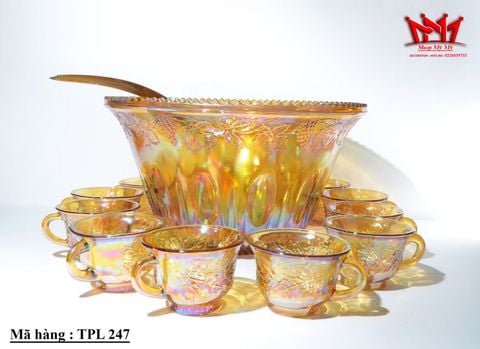  Indiana Carnival Glass Marigold óng ánh Punch bowl Bộ hoàn chỉnh 12 cốc có họa tiết nho 