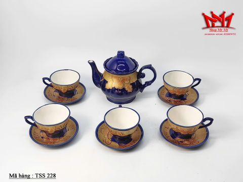  Bộ ấm chén sứ xanh hoa văn vàng 