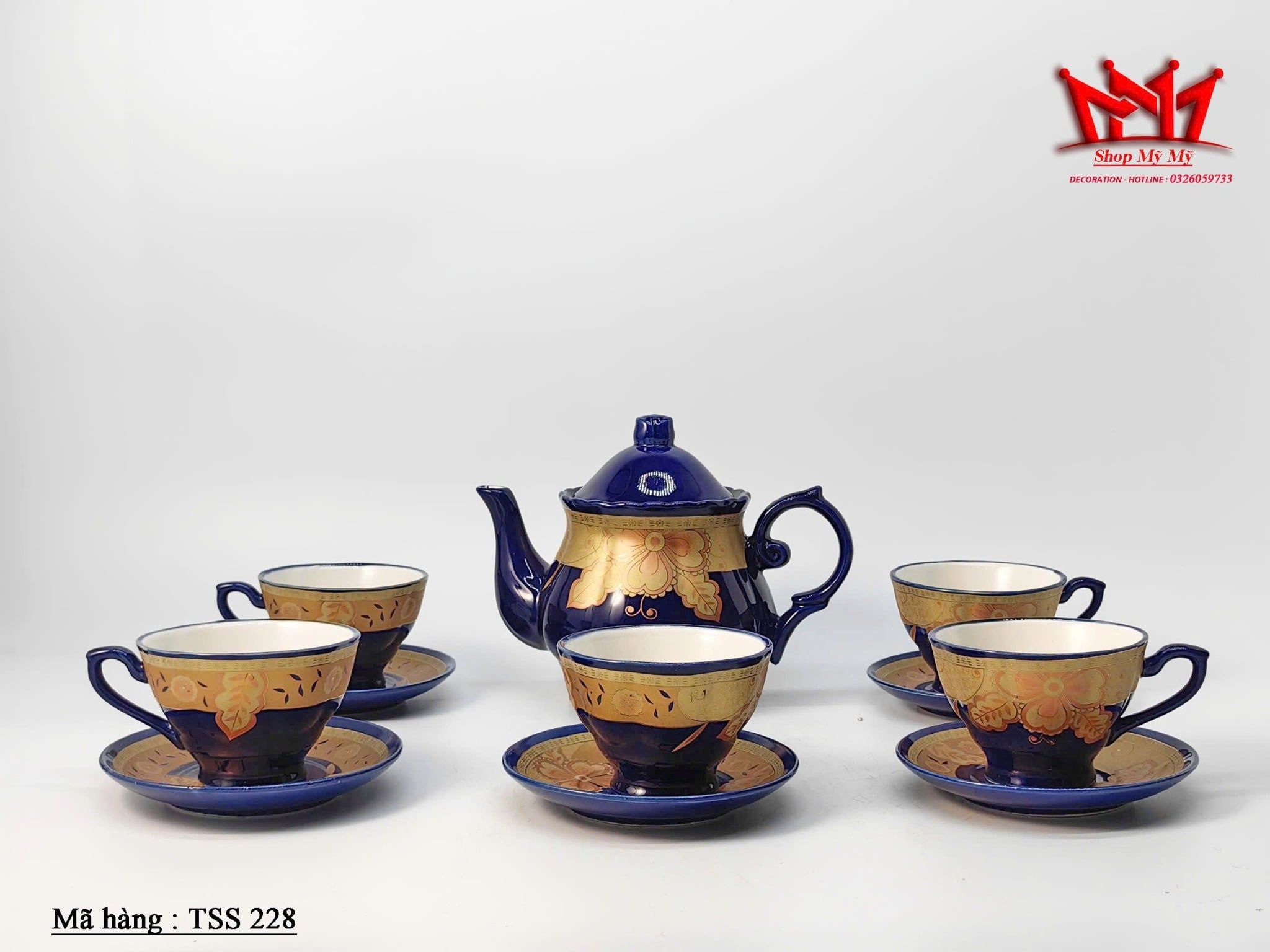 Bộ ấm chén sứ xanh hoa văn vàng