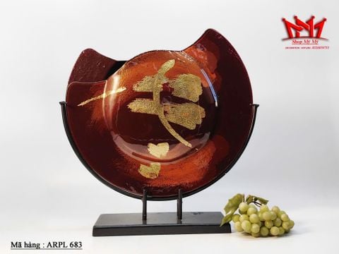  Bình hoa tròn kết hợp màu đỏ/nâu vàng đậm, chân bằng kim loại 