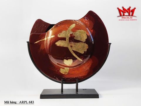  Bình hoa tròn kết hợp màu đỏ/nâu vàng đậm, chân bằng kim loại 