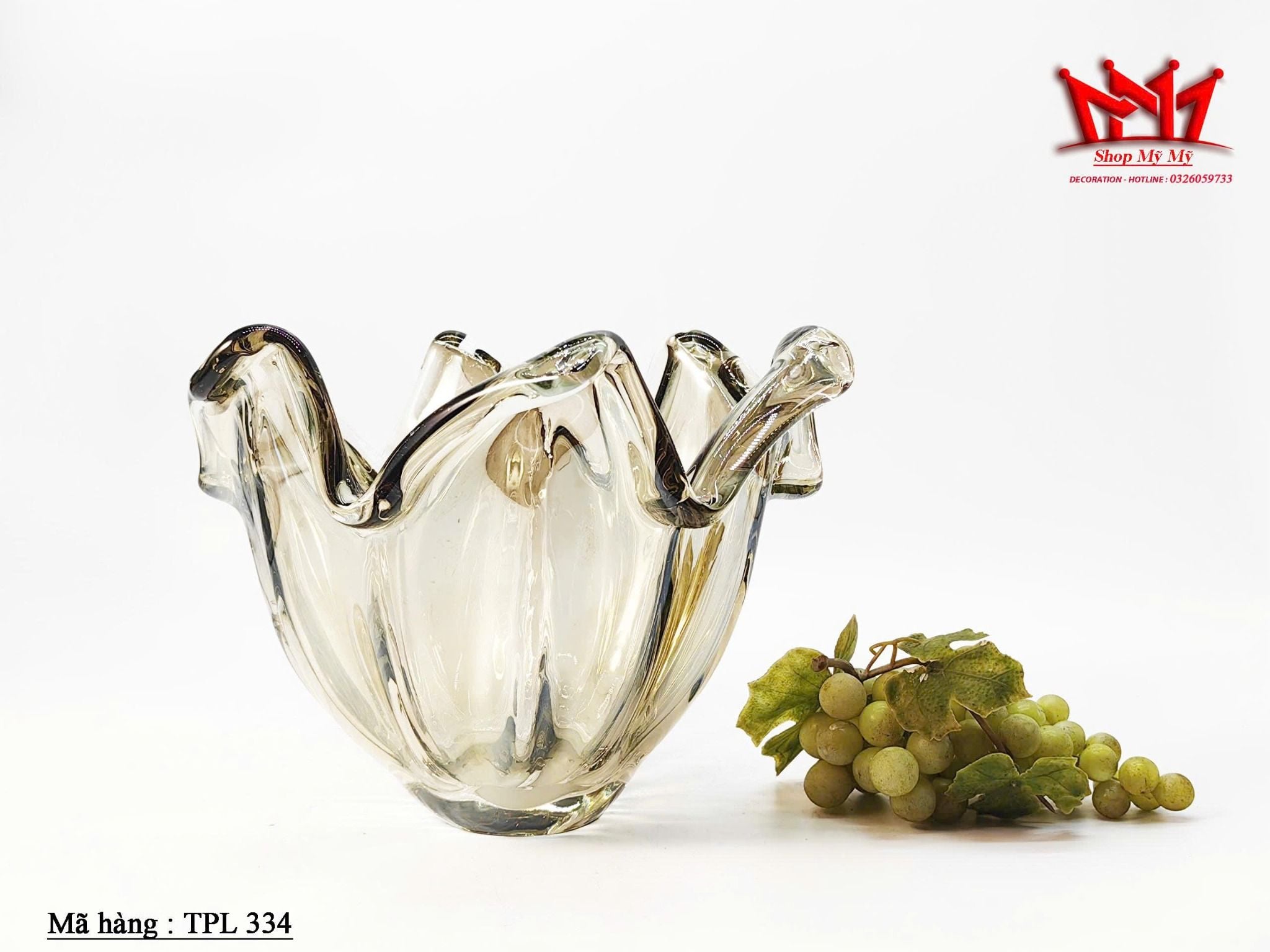 Bình hoa thủy tinh Murano trắng thủ công Ý màu xám khói