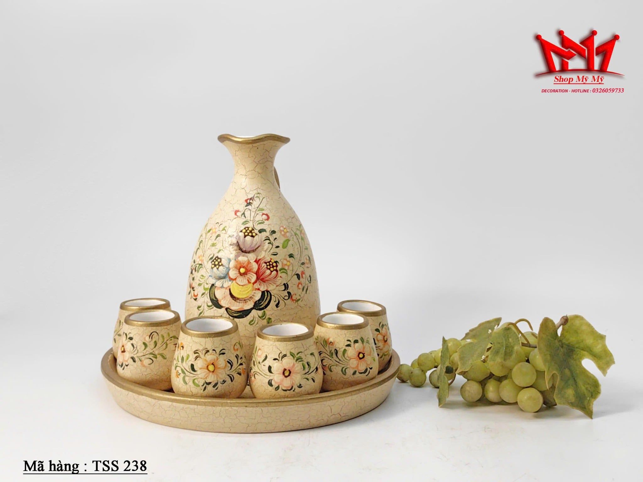 Bộ bình và tách uống trà bằng gốm sứ trang trí hoạ tiết hoa văn thủ công