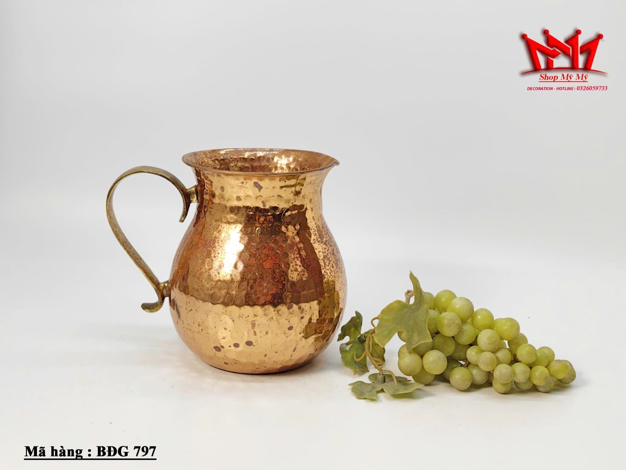 Bình đồng cổ điển được chạm búa thủ công có quai cầm