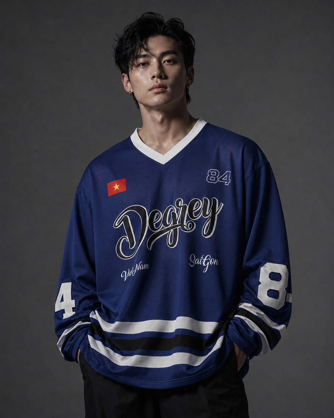  Áo thun tay dài Degrey Jersey long sleeve cổ tim in hình thời trang thể thao nam nữ màu xanh- JERLONGXANH 